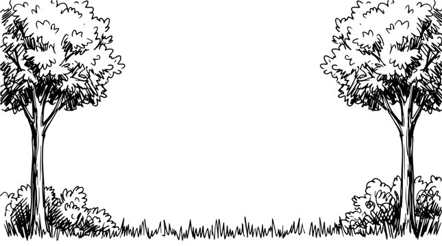 A hand-drawn, black and white sketch features two leafy trees framing an open grassy meadow, bordered by textured bushes, perfectly illustrating a tranquil, serene natural landscape