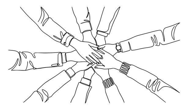 Business people joining hands teamwork unity continuous one line vector illustration