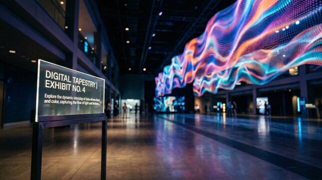 Instalaci&oacute;n de arte digital en museo moderno con tapiz luminoso ondeante y cartel de exhibici&oacute;n interactiva.