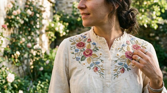 Mujer luciendo blusa tradicional con bordado floral artesanal en jard&iacute;n soleado, celebrando la herencia cultural y textil.