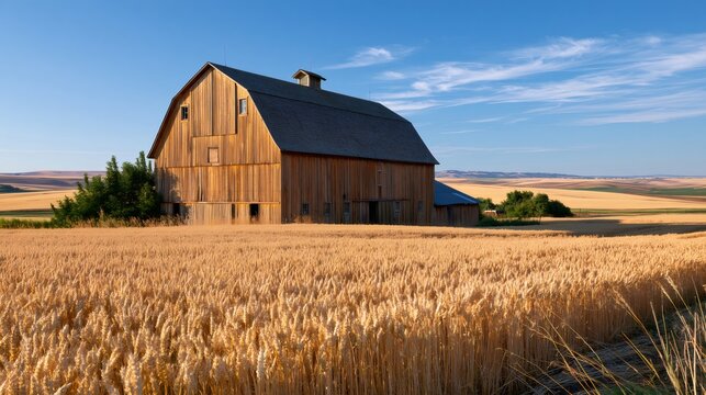 Wooden barn standing in golden wheat field