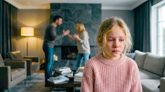 Crying little girl upset while her parents arguing in the background, family conflict concept