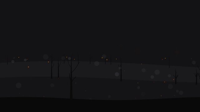Dark mysterious forest landscape with glowing fireflies and bare trees at night