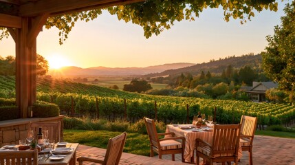Fototapeta premium Vineyard terrace dining with sunset over rolling hills
