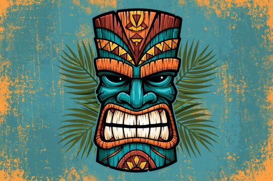 Tribal tiki mask with palm leaves background