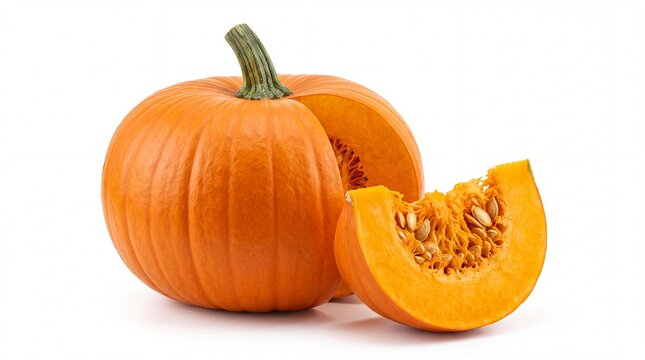 Fresh orange pumpkin with a slice showing seeds
