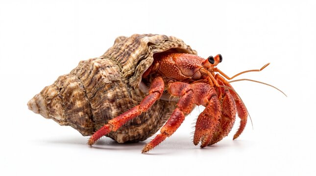 Small red hermit crab crawling in a spiral seashell