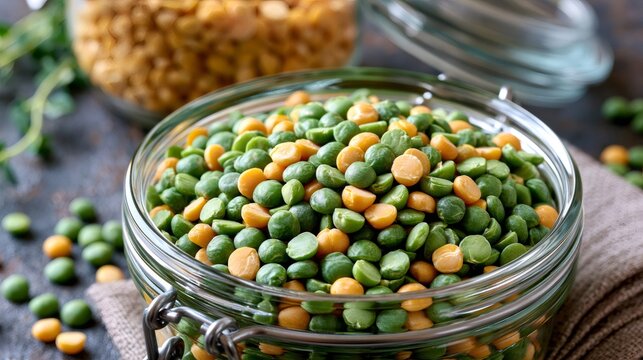 Dry green and yellow split peas in glass jar