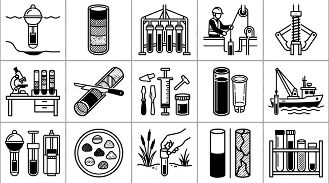 Marine geology and oceanographic research icon set for scientific soil sampling and lab analysis