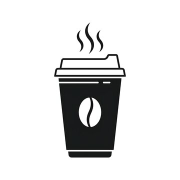 Black and white coffee cup icon with steam on a white background