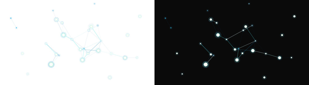 Intricate digital network nodes connected with glowing blue and green lines forming a complex modern abstract data structure on transparent background