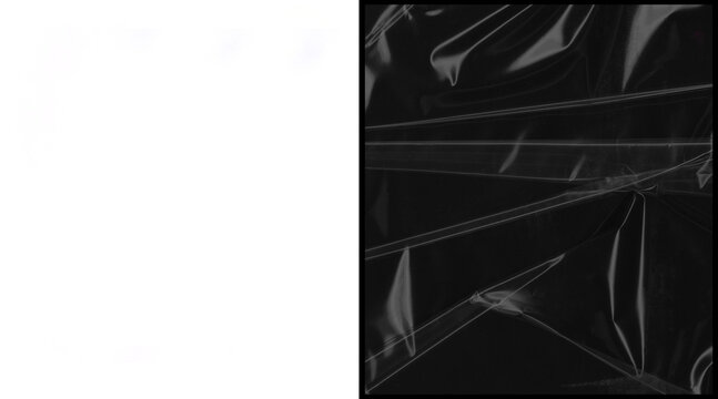 Crumpled black plastic texture, wrinkled polyethylene film background, dark glossy cellophane wrap overlay for product mockups