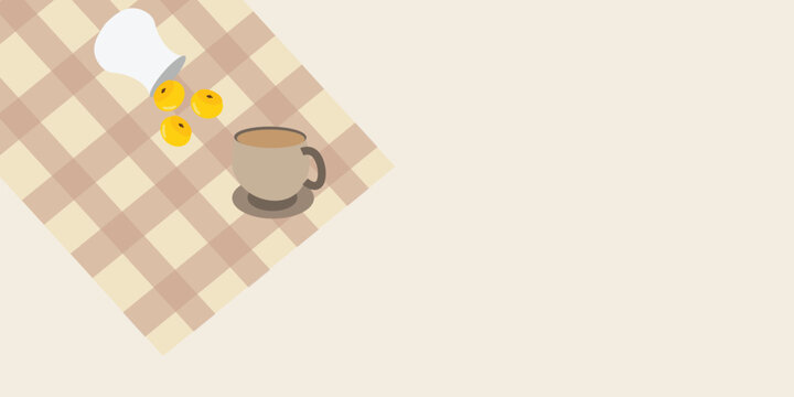 Flat lay vector background of nastar pineapple cookies spilled from a jar with a cup of hot coffee on a plaid tablecloth