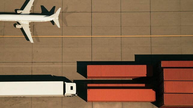 Overhead aerial view of white passenger airplane and delivery truck with stacked red shipping containers parked on airport tarmac shows global intermodal logistics and transportation concept