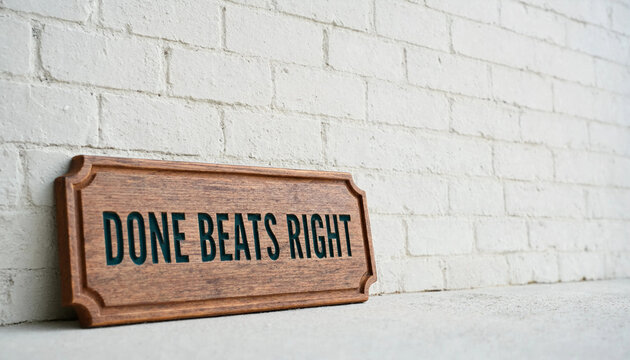 Wooden sign with done beats right text leaning against white brick wall concept for productivity and execution