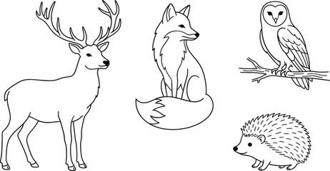 Naklejka premium Forest Animals Line Art Icon Set Featuring Deer Fox Owl and Hedgehog Illustrations for Kids Coloring Books Educational Media and Nature Graphic Designs