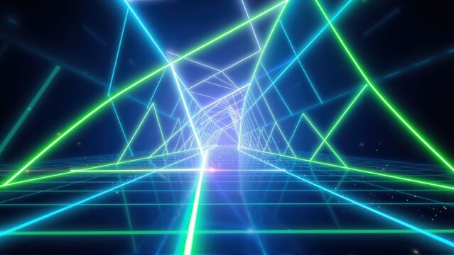 Retro neon grid tunnel. Bright lines converge toward distant light source. Futuristic digital landscape, dark background.