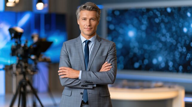 News Anchor with Arms Crossed in Studio with Blue Bokeh Background during Broadcast