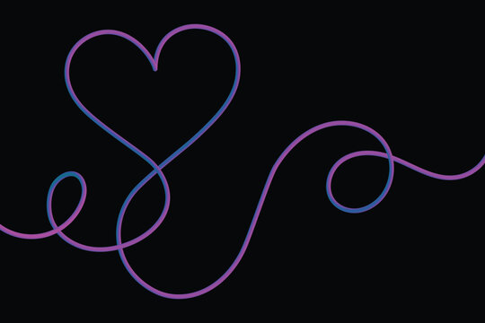 Single continuous line drawing of a heart shape with a flowing tail during a soft gradient lighting on black background conceptual illustration