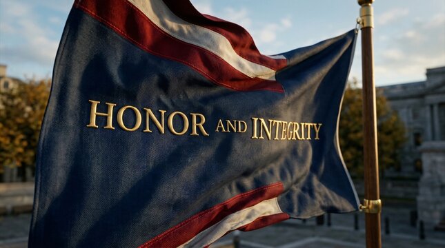 Bandera con texto de honor e integridad ondeando al aire libre, s&iacute;mbolo de valores c&iacute;vicos, orgullo, servicio y patriotismo en el Mes de la Herencia Hispana.