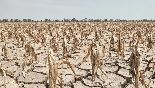 Drought-stricken cornfield with cracked earth and withered crops under dry sky