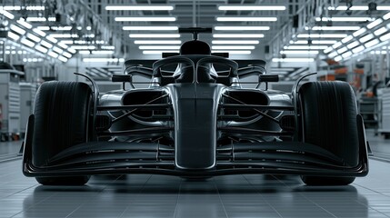 Fototapeta premium Straight front view of modern black carbon fiber formula one racing car parked inside bright workshop garage shows professional motorsport racing technology concept