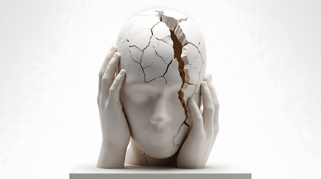Close Up Cracked Human Head Bust Clutched by Hands Severe Headache Concept