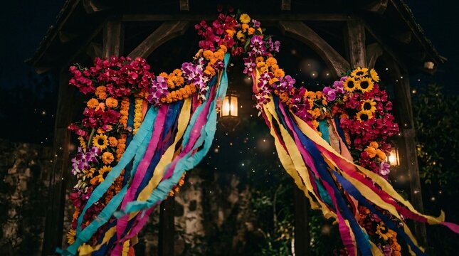 Arco floral tradicional con cempas&uacute;chil, buganvilias y listones coloridos de noche para fiesta mexicana o Mes de la Herencia Hispana.