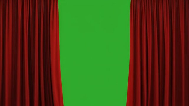 Red velvet curtains opening and closing on a green screen with cinematic motion for presentations