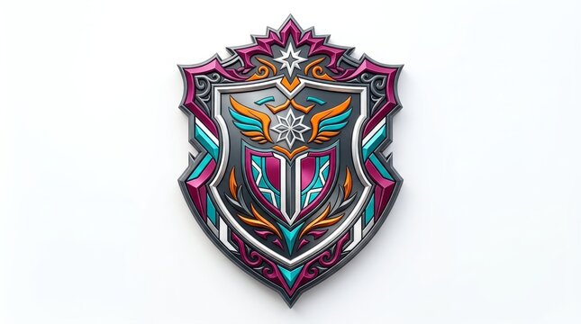 Ornate Pixel Art Shield Emblem With Neon Pink And Cyan Highlights On White Background