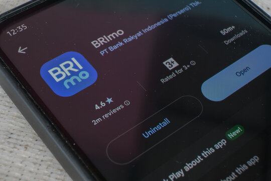 BRI logo mobile app page displayed on smartphone screen with finger touching install button, digital banking software download concept