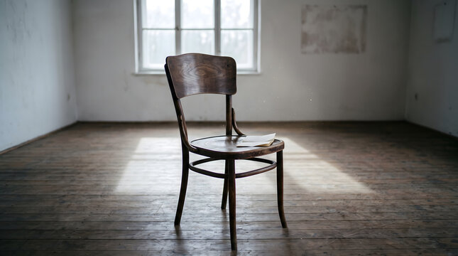 Empty Old Wooden Chair Facing Window Light in Dim Room Absence Metaphor