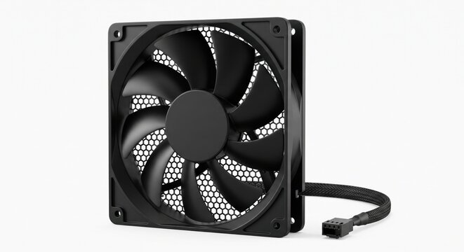 Computer cooling fan with black blades and wired connection isolated on white background for workstation pc hardware component maintenance.
