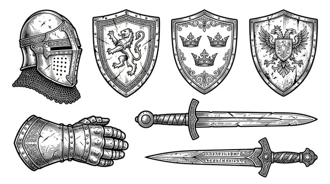Medieval Knight Armor and Weapons Set, Isolated