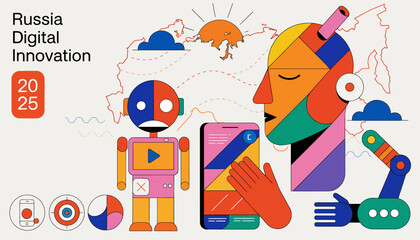 Fototapeta premium Russia Digital Innovation 2025: Abstract Robot, AI Head, Smartphone & Futuristic Tech Art