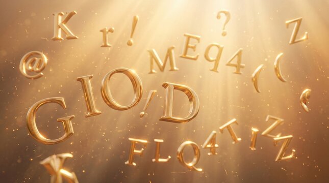 Letras doradas 3D flotando en fondo luminoso, concepto de lenguaje, educaci&oacute;n, comunicaci&oacute;n y tipograf&iacute;a brillante.