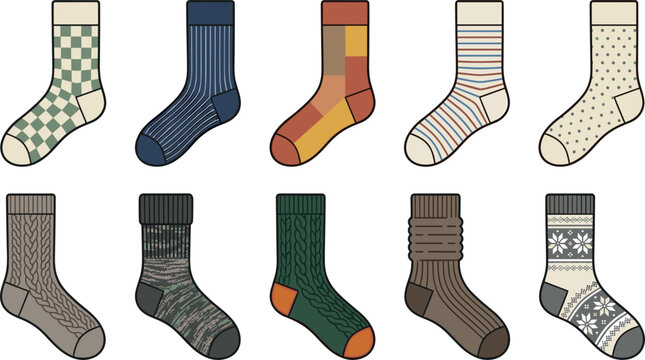 Cozy Winter and Autumn Patterned Crew Socks Vector Icon Set with Cable Knit Plaid Stripe Melange and Nordic Snowflake Designs for Festive Apparel