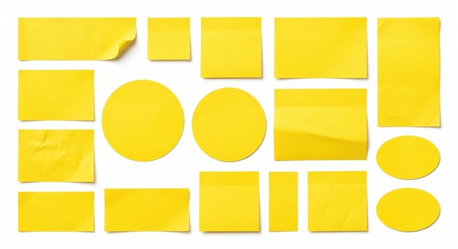 Bright yellow sticky note collection featuring various shapes like circles ovals and squares for office reminders and organization layouts.