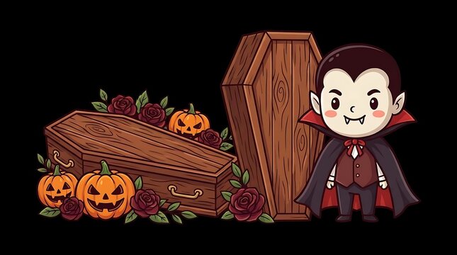 Cute cartoon vampire standing by coffin with pumpkins.