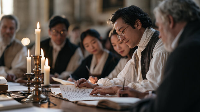Historical interpreters in period costume gathered around a candlelit oak table inside a stone manor examine handwritten medical ledgers together, the soft flame light and