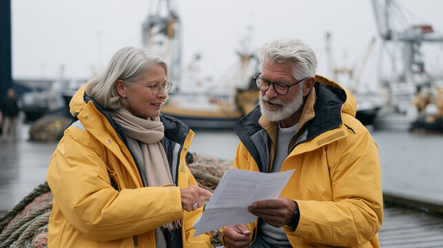 Deep sea fishing couple on a rain-slicked harbour dock reviews a grid modernization permit application together, waterproofs on and nets piled behind them, the busy port backdrop