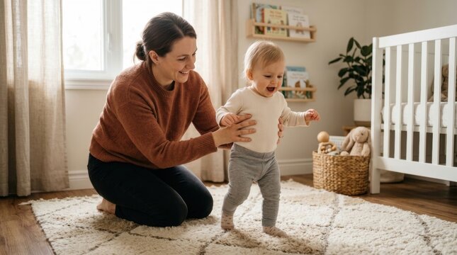 Smiling mother helping her toddler take first steps on a soft rug in a bright nursery at home, warm family moment of early childhood development and parent support for parenting and childcare