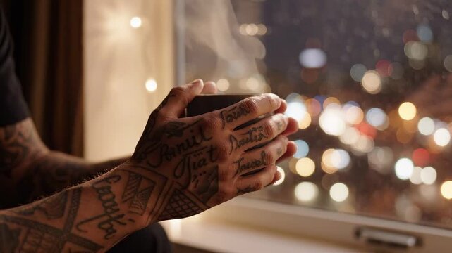 Tattooed hands holding warm steaming mug by window looking at night city lights
