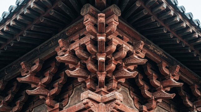 Traditional Chinese dougong wooden bracket joinery texture in aged red lacquer