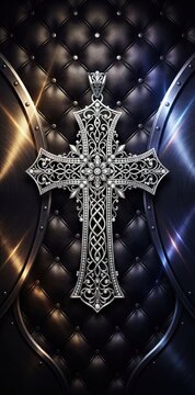 Ornate silver cross with intricate engravings on leather background
