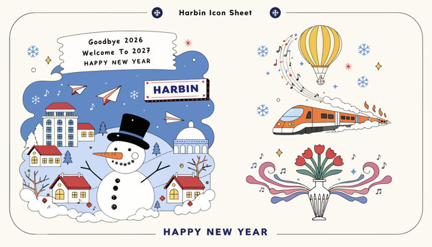 harbin winter new year celebration icon set