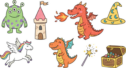 Naklejka premium Cute Hand Drawn Fantasy Vector Element Set with Dragons Unicorn Castle Monster Magic Wand and Treasure Chest for Kids Fairy Tale Designs