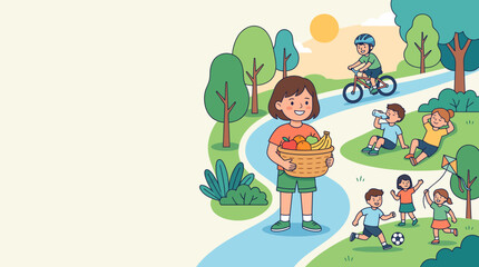Naklejka premium Happy Children Enjoying Outdoor Park Activities and Healthy Picnic Snacks in a Beautiful Sunny Summer Nature Landscape Illustration