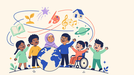 Naklejka premium Diverse Group of Happy Children Celebrating Global Unity and Education with Educational Icons and Planet Earth Illustration