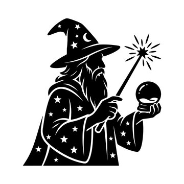 Wise wizard holding magic staff silhouette with glowing mysterious orb